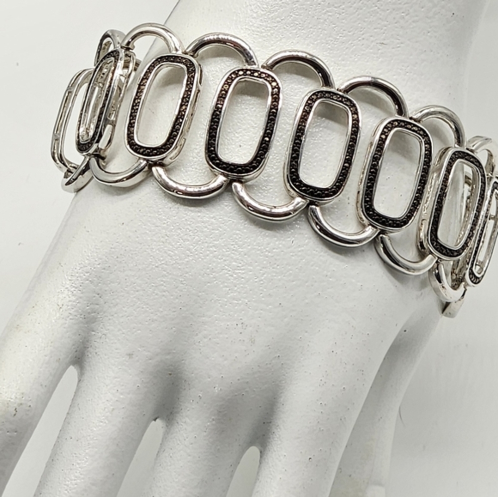 BR SUN Silver Tone Bracelet Black Gems Box Clasp SIGNED Designer Retro Classic